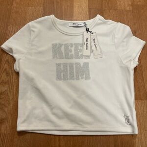 Juicy Couture Women’s “Keep Him” Velour Baby Tee – Size M– White – NWT